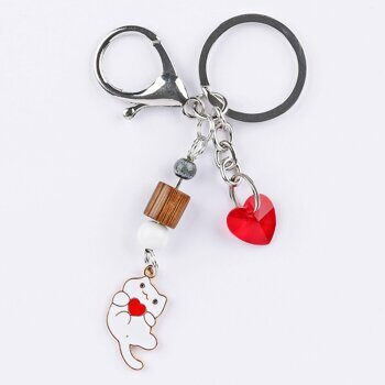 Брелок для ключей DARIFLY "Белая кошка с сердечком и красное стеклянное сердце", с карабином металлическим